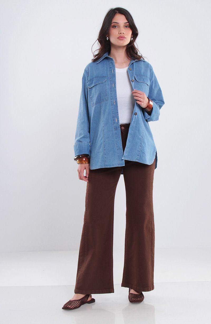 Blusa Manga Larga Denim Abotonada En Delantero Con Bolsillo-4