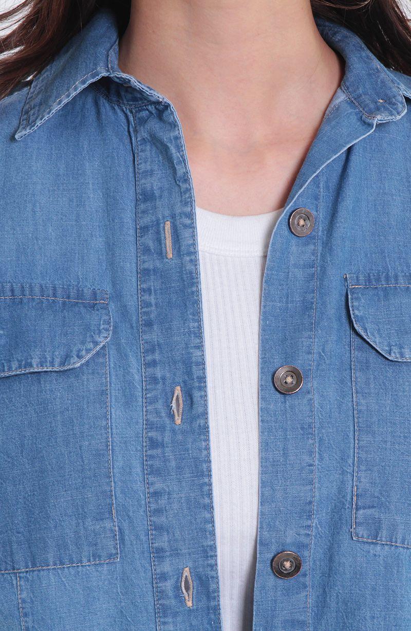 Blusa Manga Larga Denim Abotonada En Delantero Con Bolsillo-5