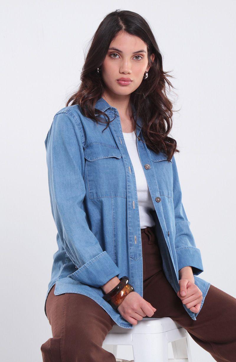 Blusa Manga Larga Denim Abotonada En Delantero Con Bolsillo-7