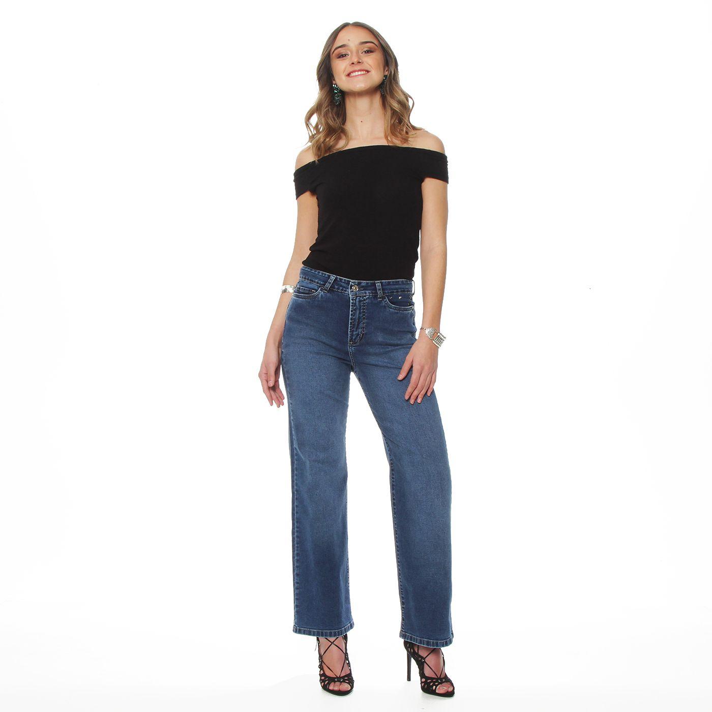 Jeans Wide Leg Tiro Alto Pretina Basica 1 Boton Aplicacion Tachas-2