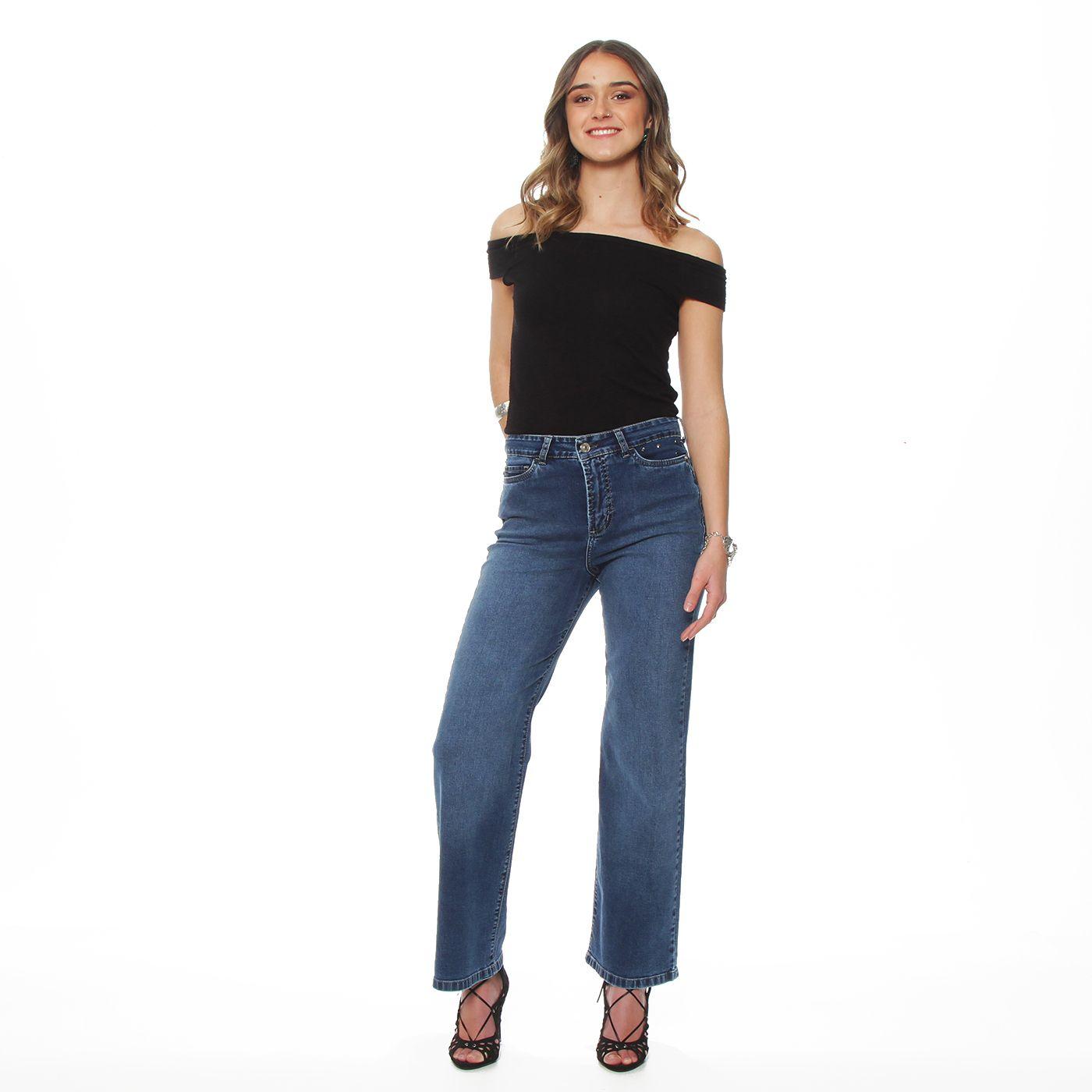 Jeans Wide Leg Tiro Alto Pretina Basica 1 Boton Aplicacion Tachas-3