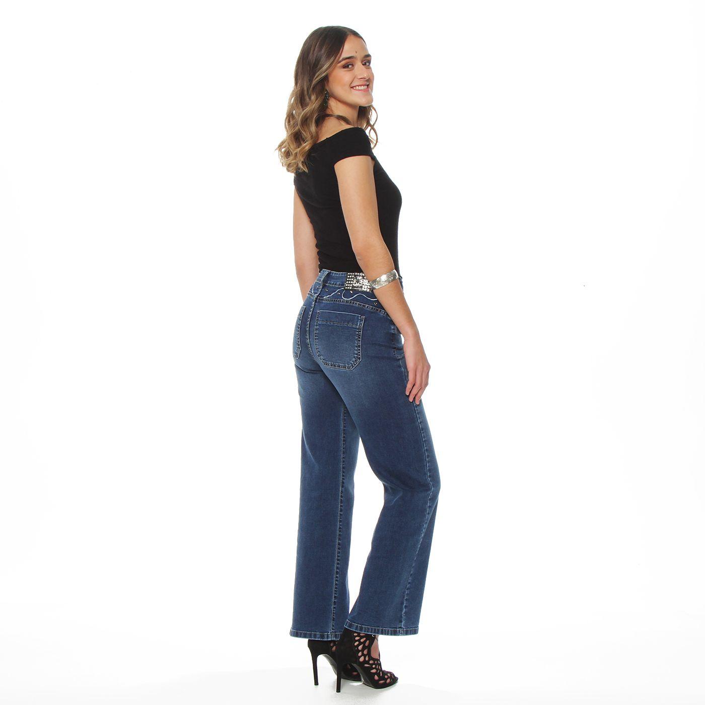 Jeans Wide Leg Tiro Alto Pretina Basica 1 Boton Aplicacion Tachas-6