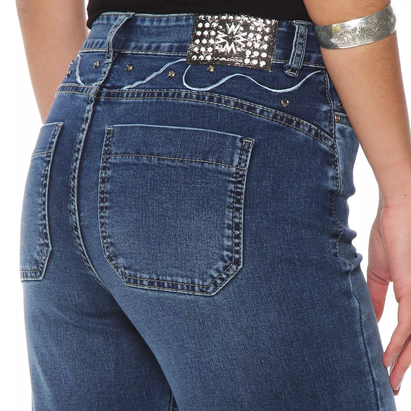 Jeans Wide Leg Tiro Alto Pretina Basica 1 Boton Aplicacion Tachas-5