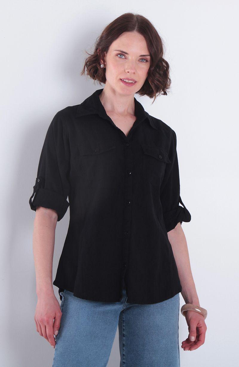 Blusa Manga 3/4 Lino Con Rib En Costado Abotonado En Delantero-0