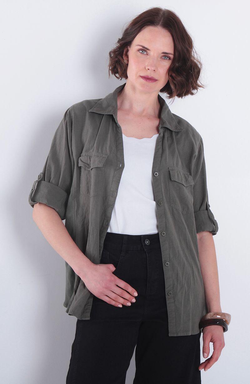 Blusa Manga 3/4 Lino Con Rib En Costado Abotonado En Delantero-0