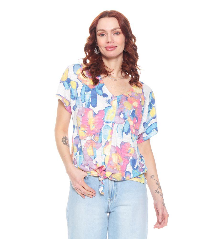 Blusa Estampada Anudada Manga Corta Escote V-0