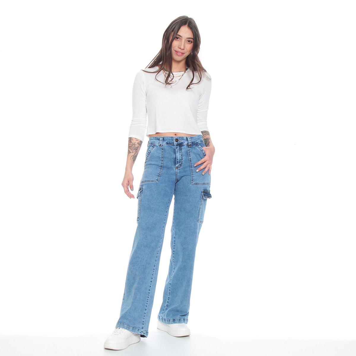 Jeans Recto Cargo Tiro Alto Push Up Pretina Basica 1 Boton-4
