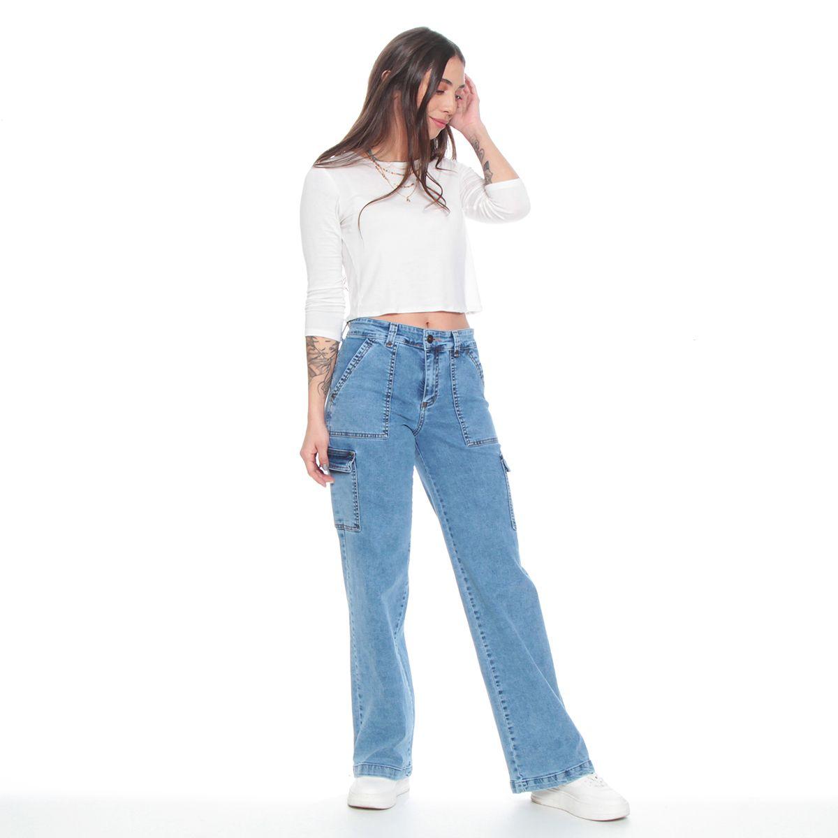 Jeans Recto Cargo Tiro Alto Push Up Pretina Basica 1 Boton-5