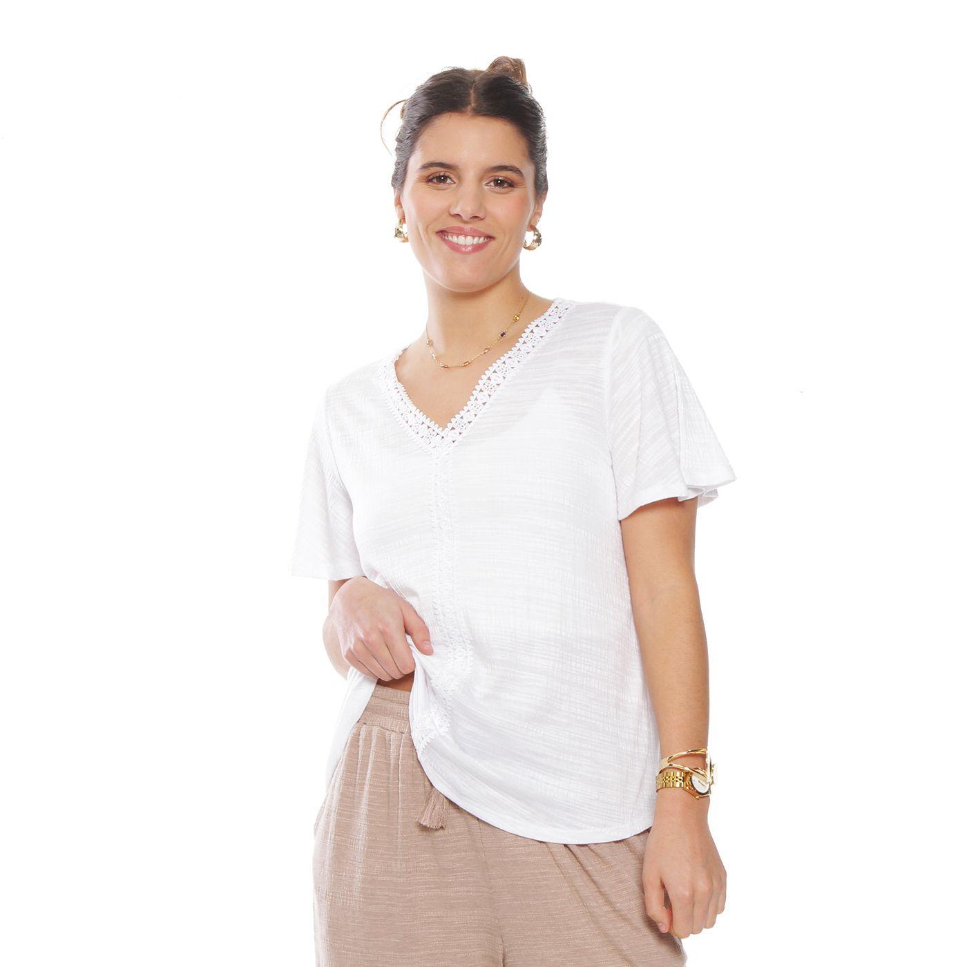 Polera Manga  Corta Solida Escote V Con Aplicacion-2