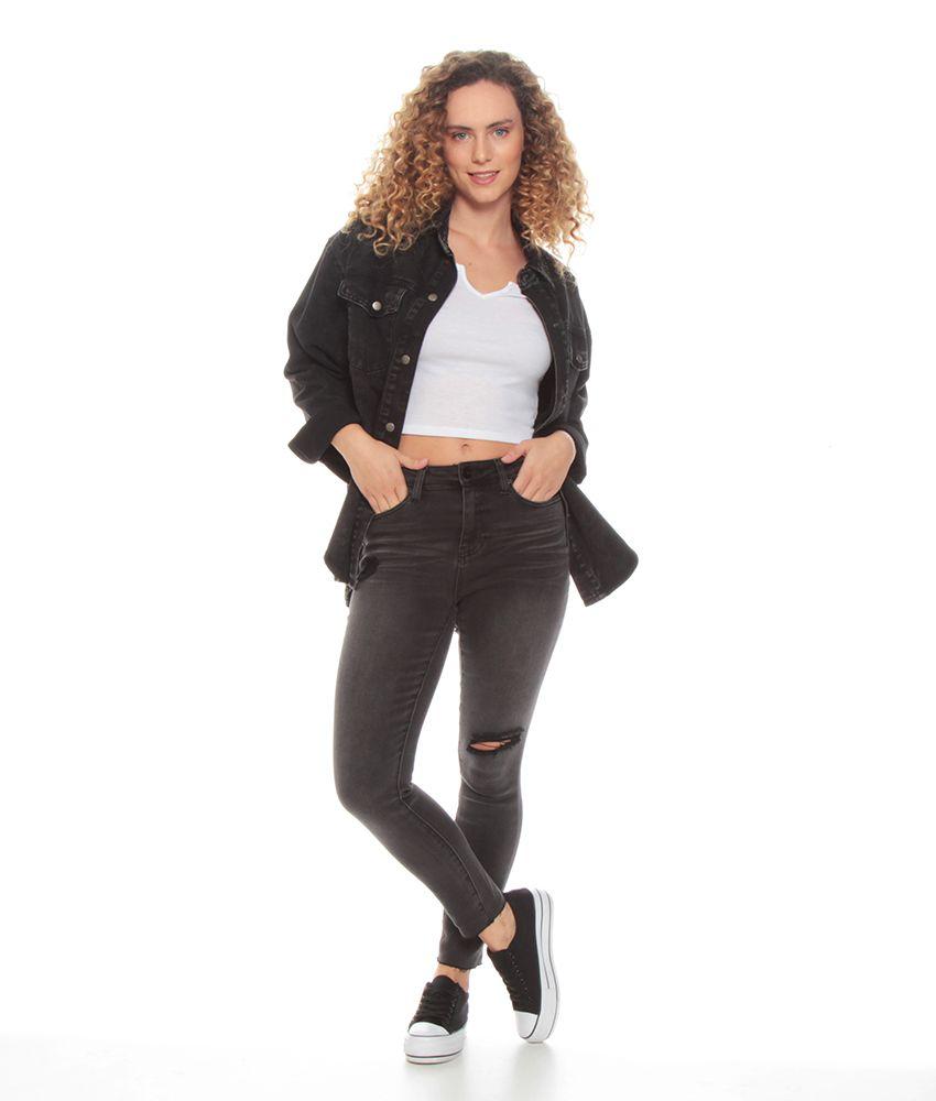 Jeans Basico Pitillo Tiro Alto Pretina Basica Un Boton Rotura Rodilla-7