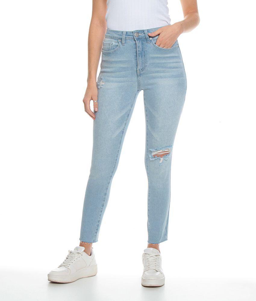 Jeans Pitillo Basico  Tiro Alto Pretina Basica Un Boton Rotura Rodilla-0