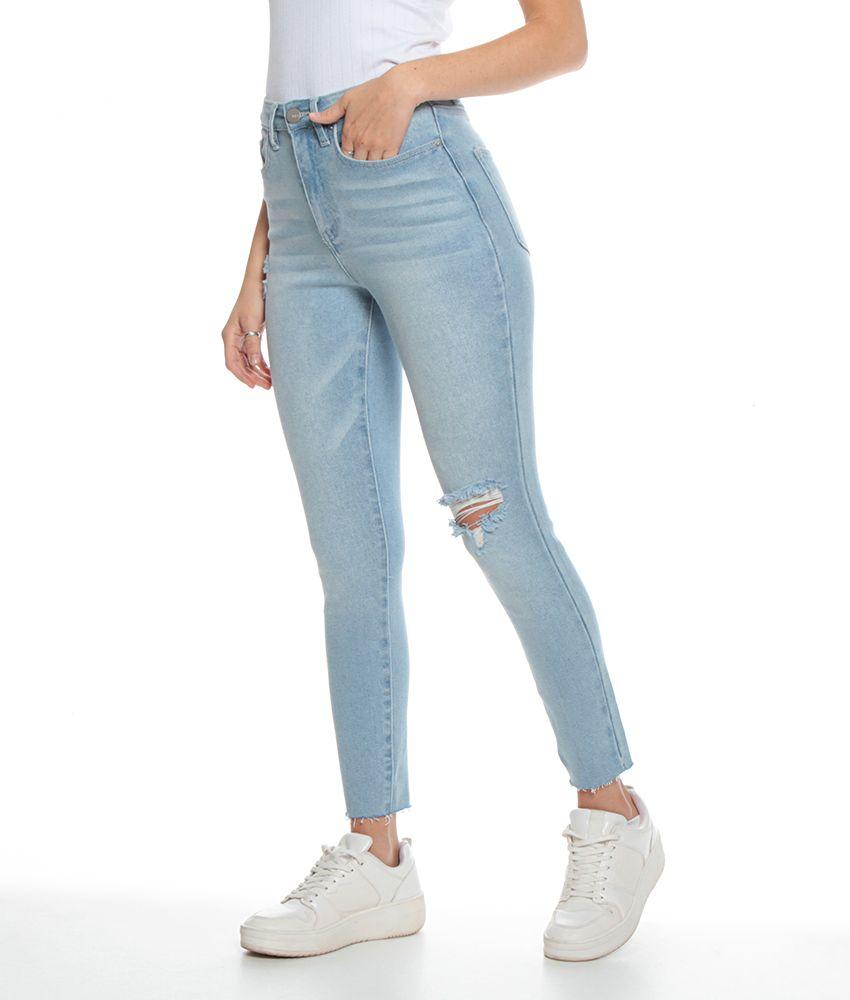 Jeans Pitillo Basico  Tiro Alto Pretina Basica Un Boton Rotura Rodilla-3