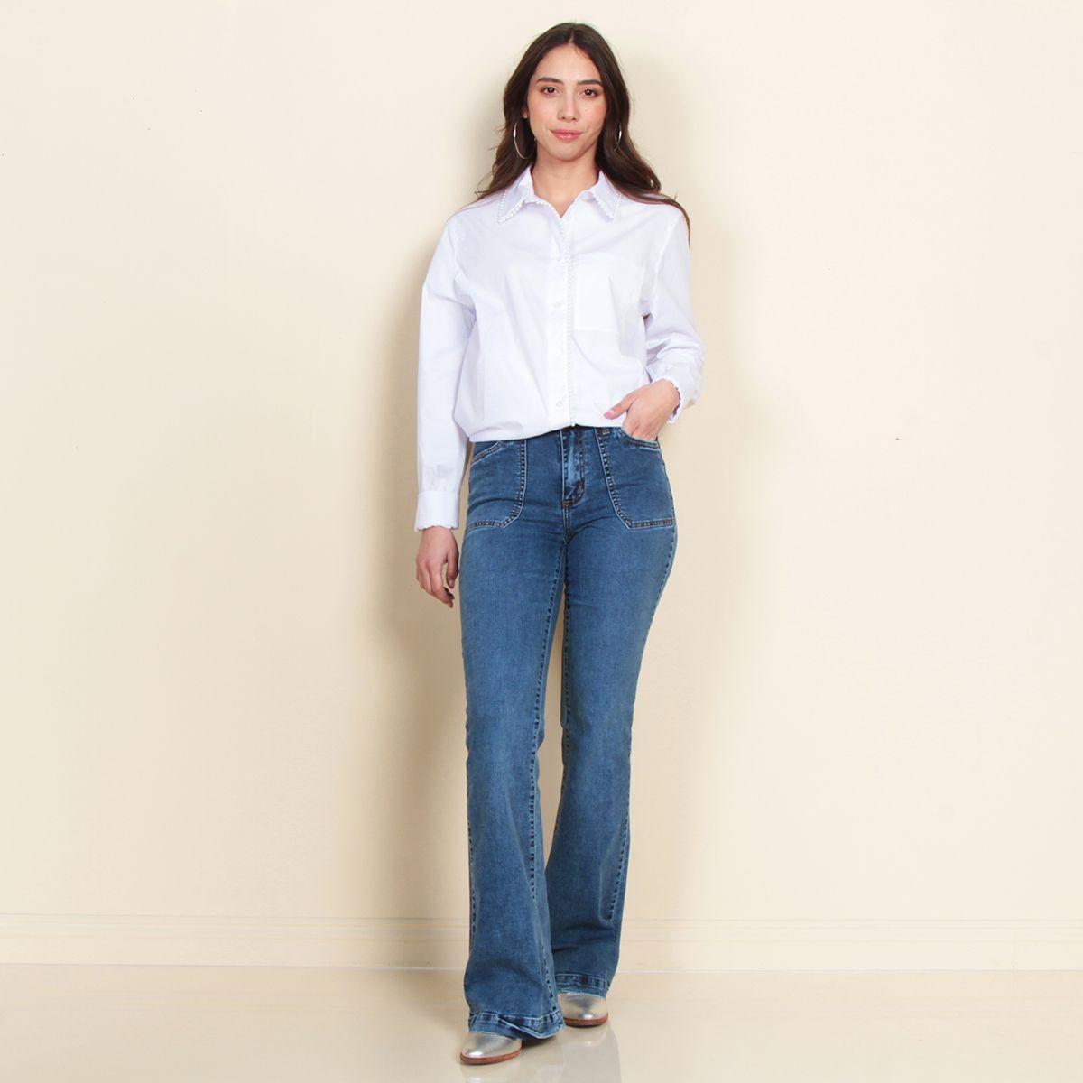 Blusa Manga Larga Solida Abotonada  Con Aplicacion En Cuello Y Cruce-4