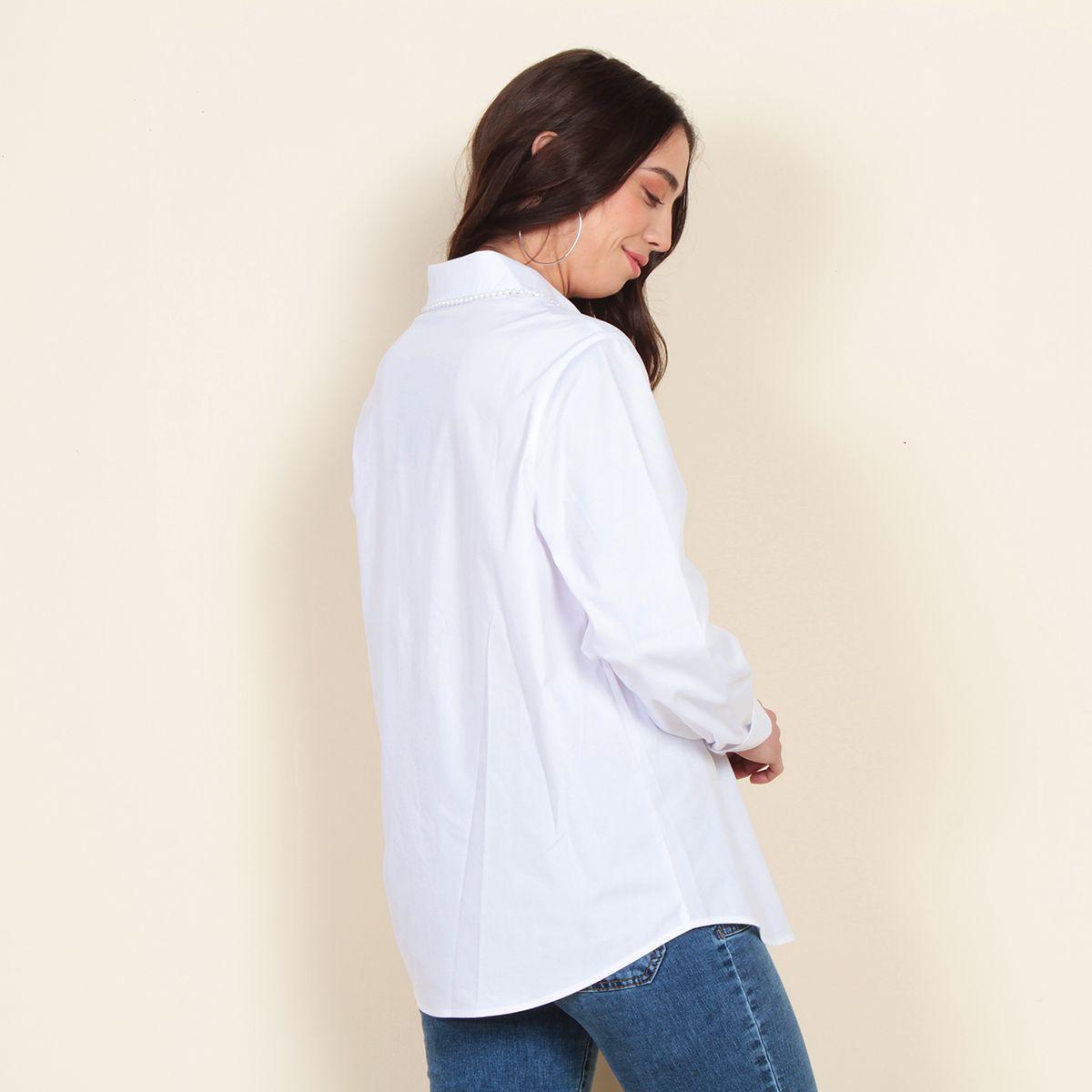 Blusa Manga Larga Solida Abotonada  Con Aplicacion En Cuello Y Cruce-5