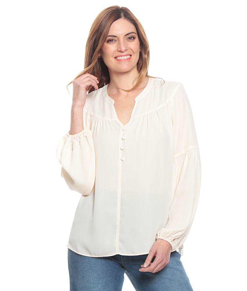Blusa Manga Globo Larga  Solida Escote V Detalle Botones-0
