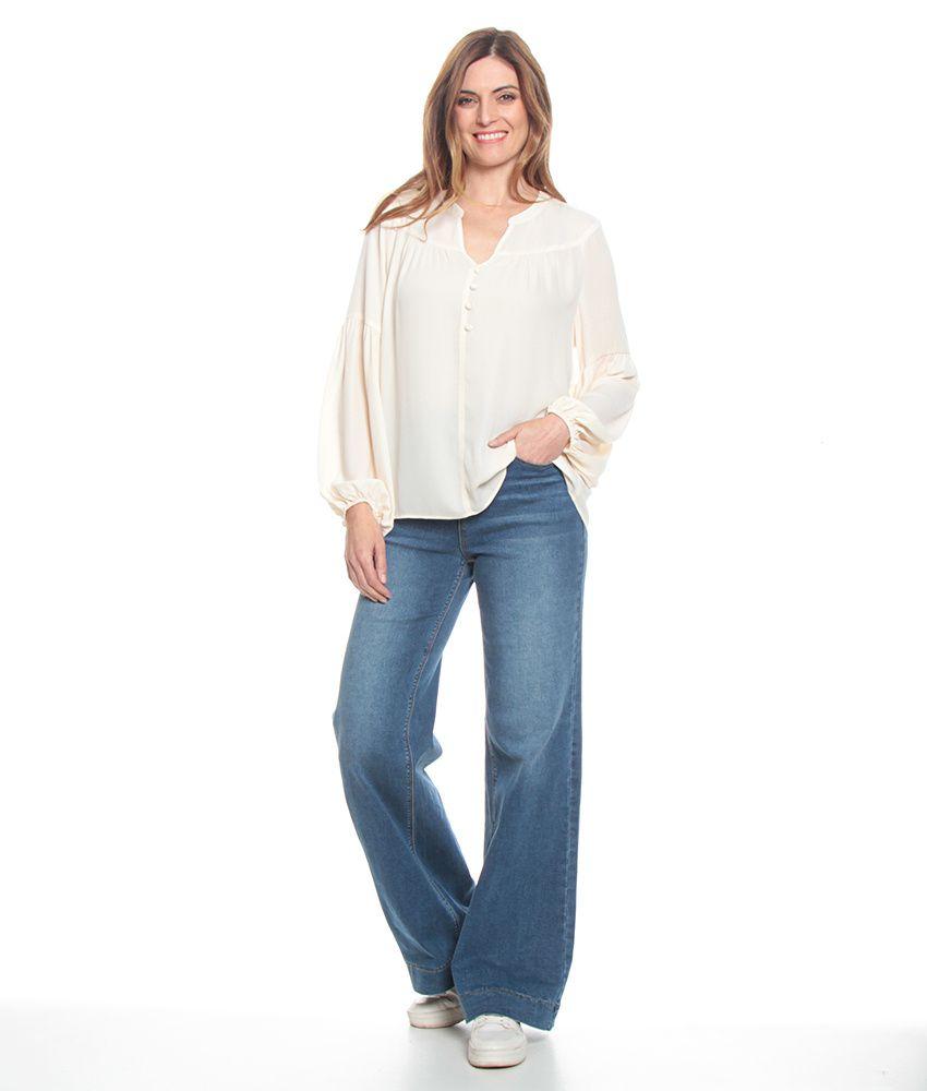 Blusa Manga Globo Larga  Solida Escote V Detalle Botones-2
