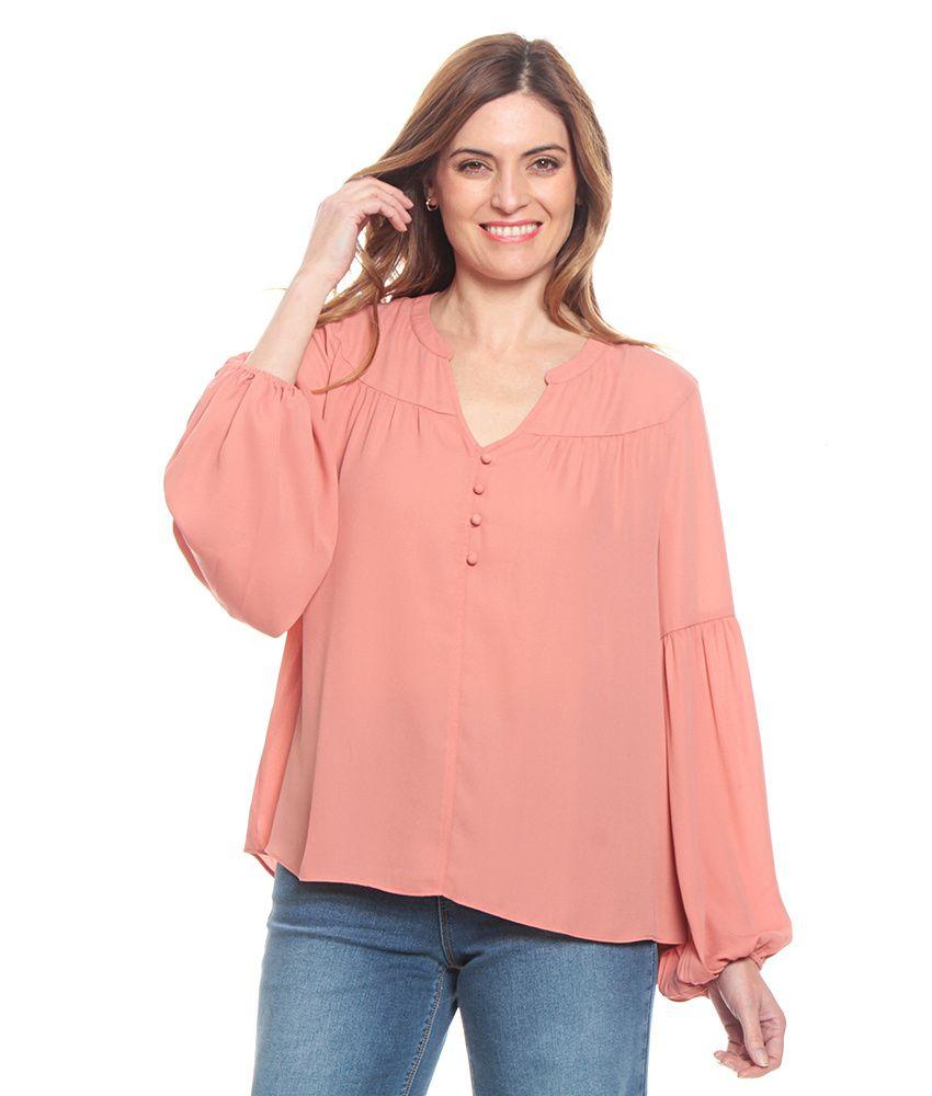 Blusa Manga Globo Larga  Solida Escote V Detalle Botones-0