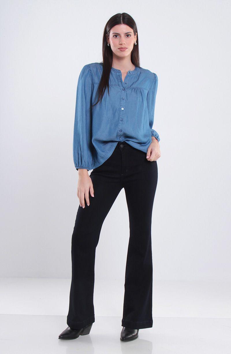 Jeans Flare Tiro Alto Pretina Basica 1 Boton Push Up-6
