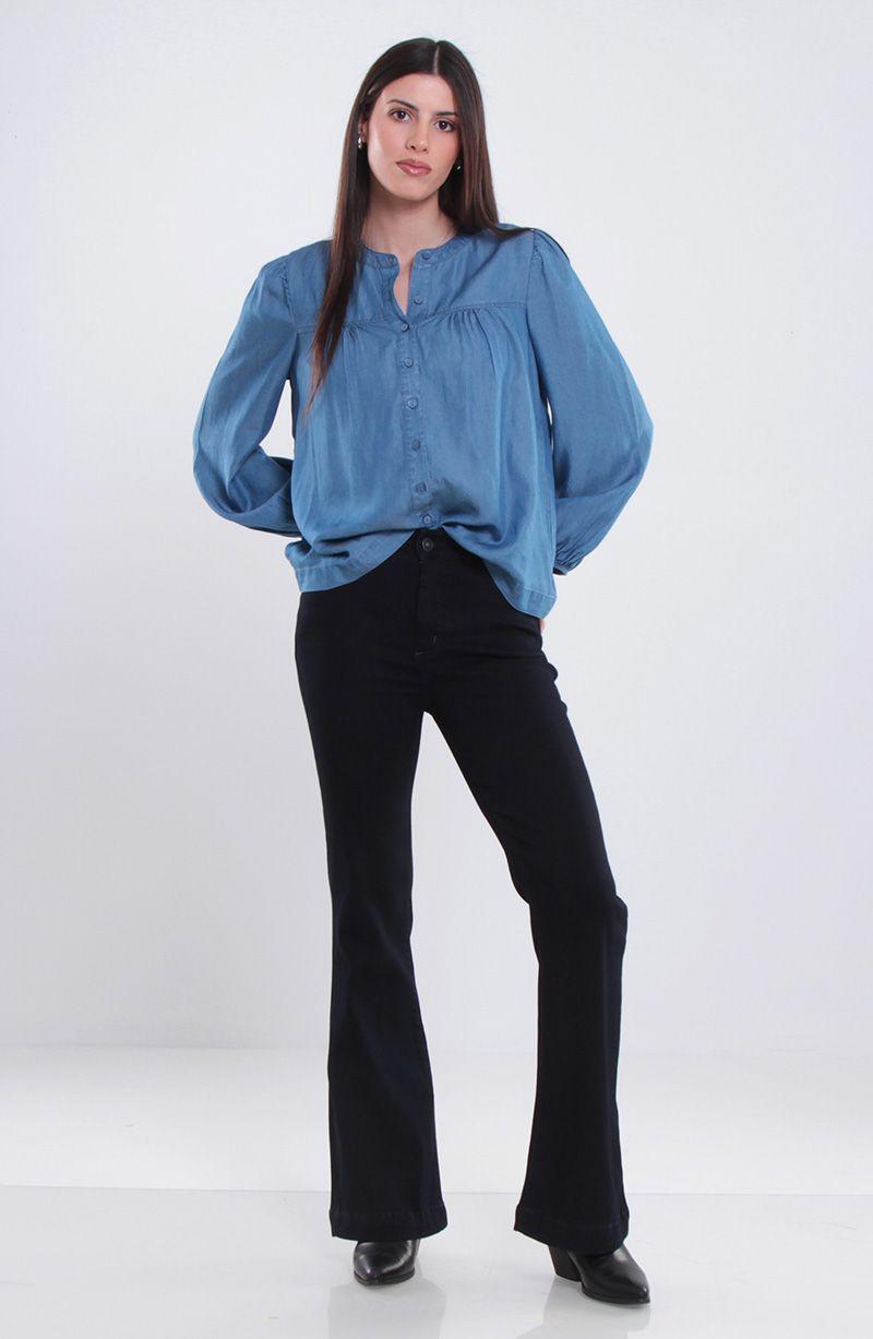 Jeans Flare Tiro Alto Pretina Basica 1 Boton Push Up-7