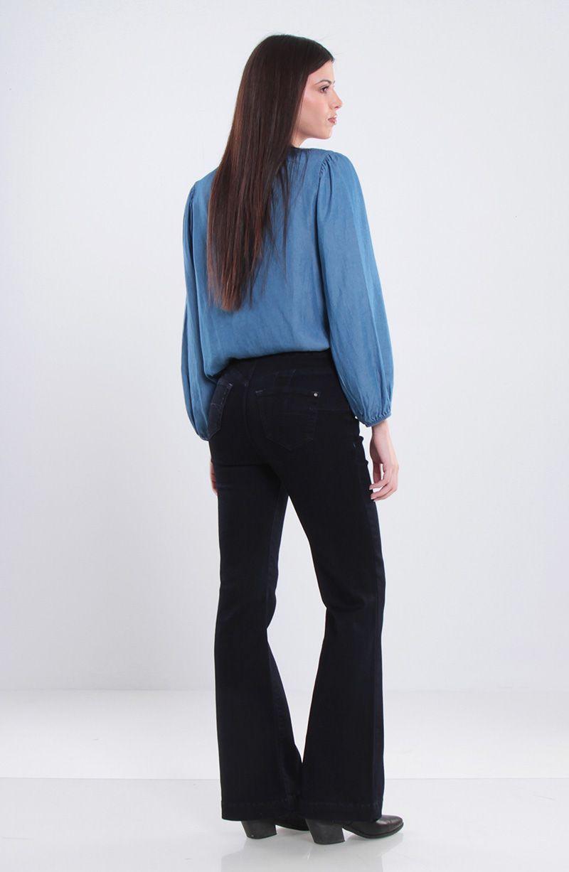 Jeans Flare Tiro Alto Pretina Basica 1 Boton Push Up-9