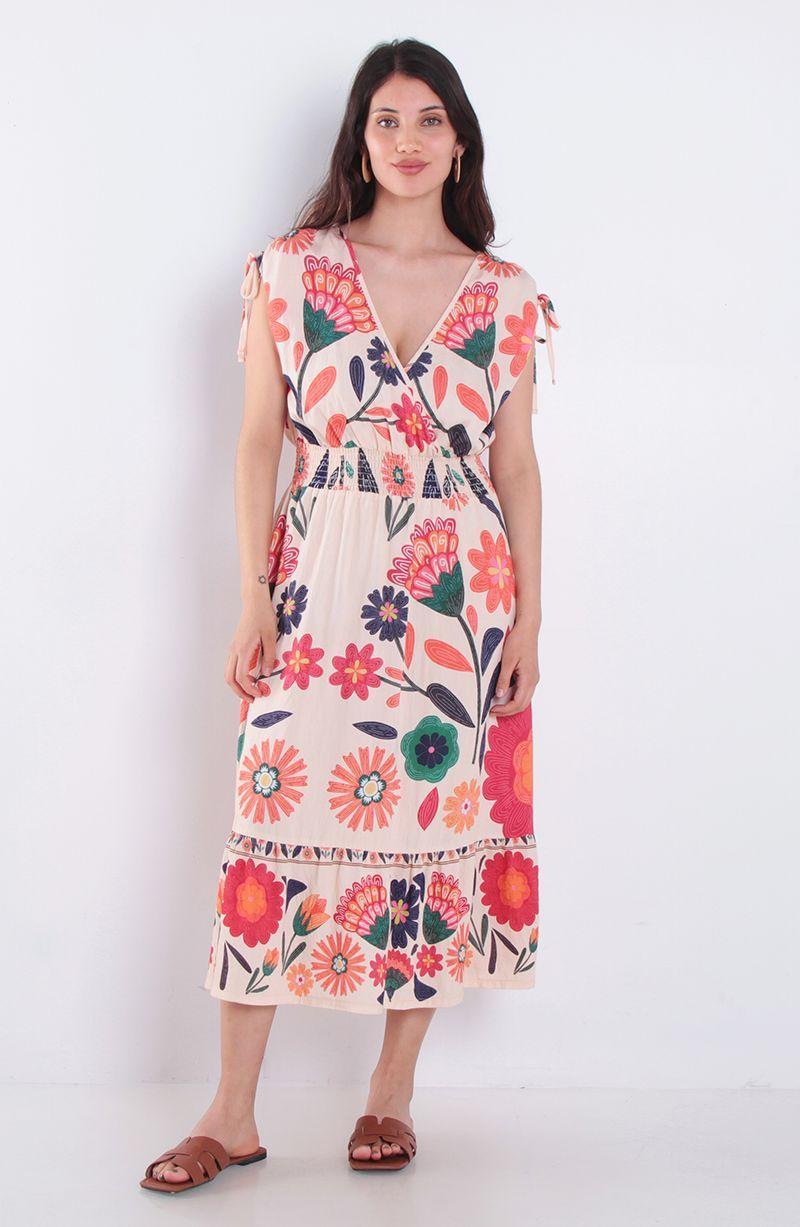 Vestido Estampado Manga Corta Escote V Con Cintura Elasticada-0