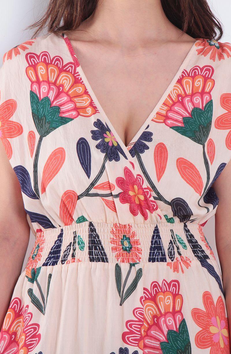 Vestido Estampado Manga Corta Escote V Con Cintura Elasticada-1