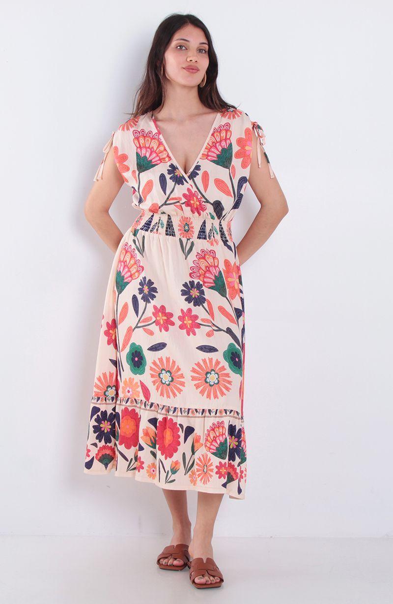 Vestido Estampado Manga Corta Escote V Con Cintura Elasticada-3