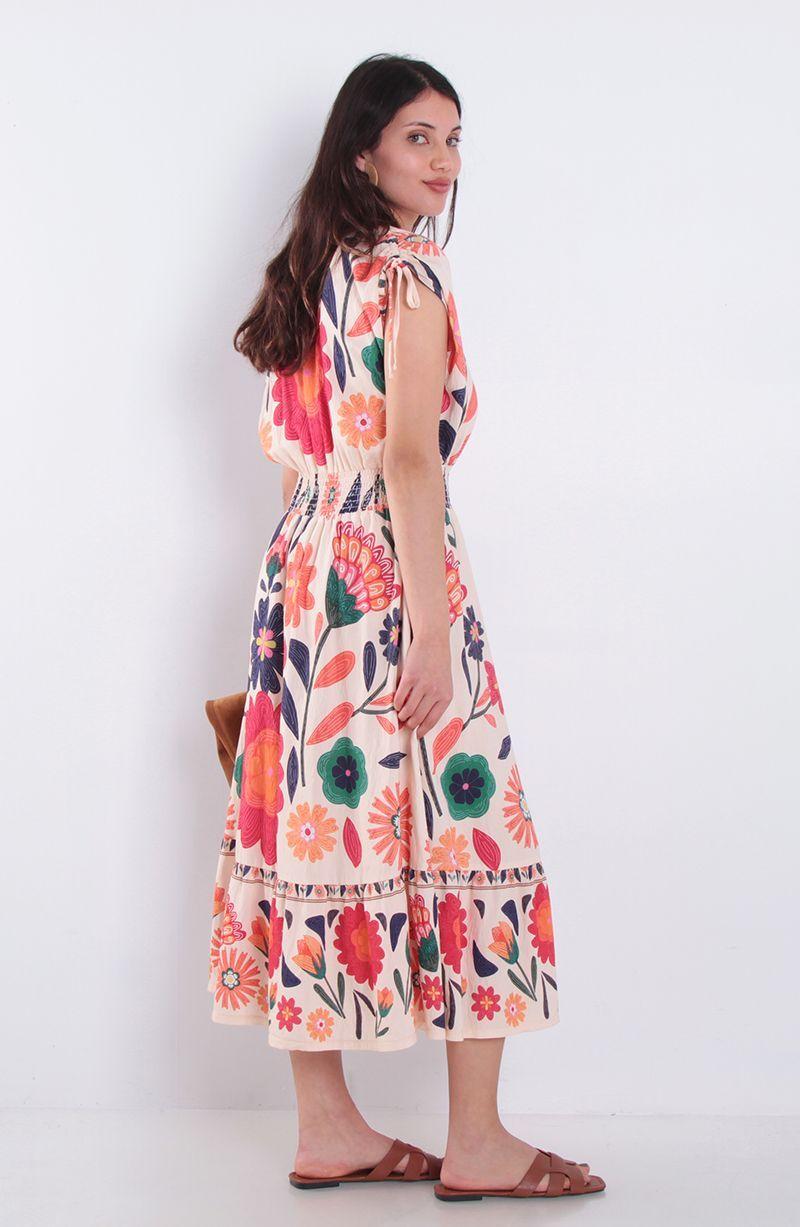 Vestido Estampado Manga Corta Escote V Con Cintura Elasticada-4