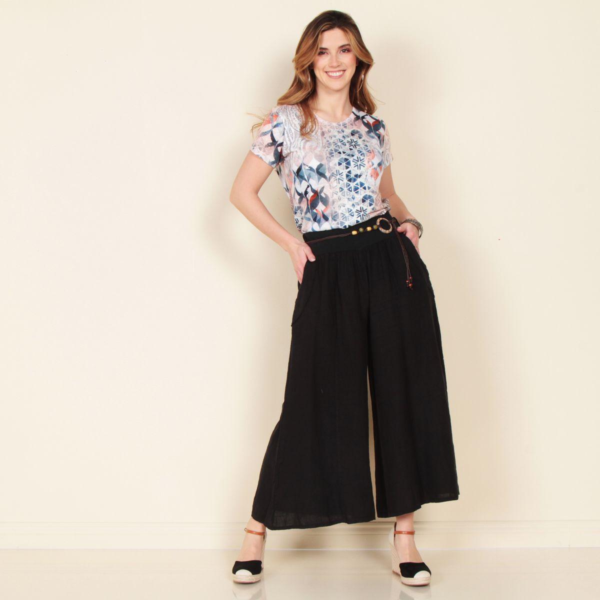 Pantalon Wide Leg Lino Solido Con Cinturon-3