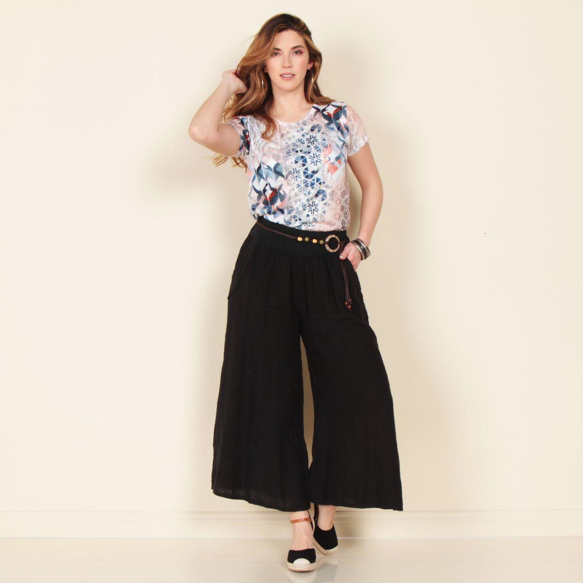 Pantalon Wide Leg Lino Solido Con Cinturon-6