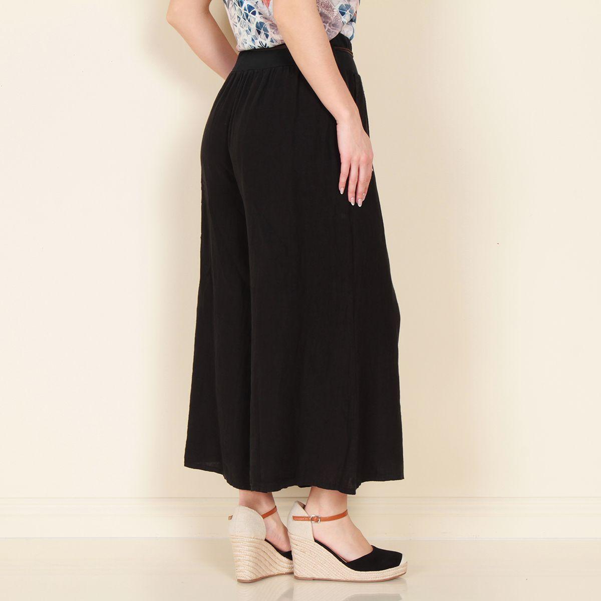 Pantalon Wide Leg Lino Solido Con Cinturon-3