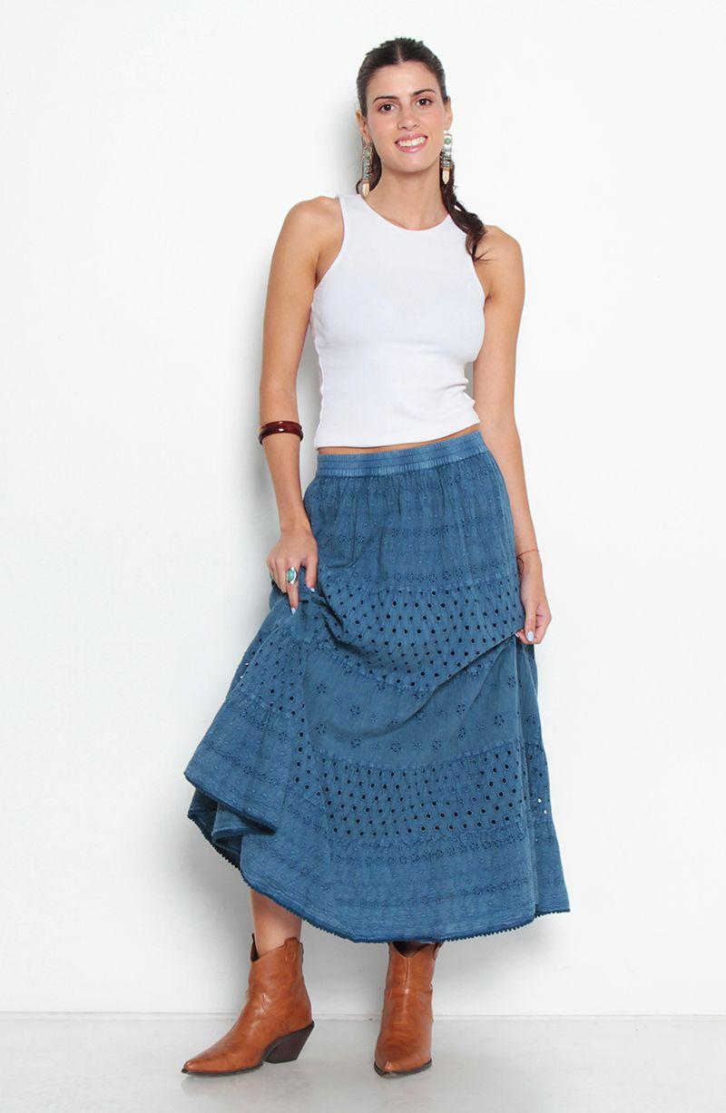 Falda Larga Brodery Con Corte Cintura Elasticada-3