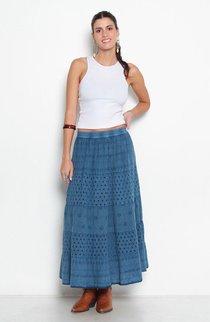 Falda Larga Brodery Con Corte Cintura Elasticada-4