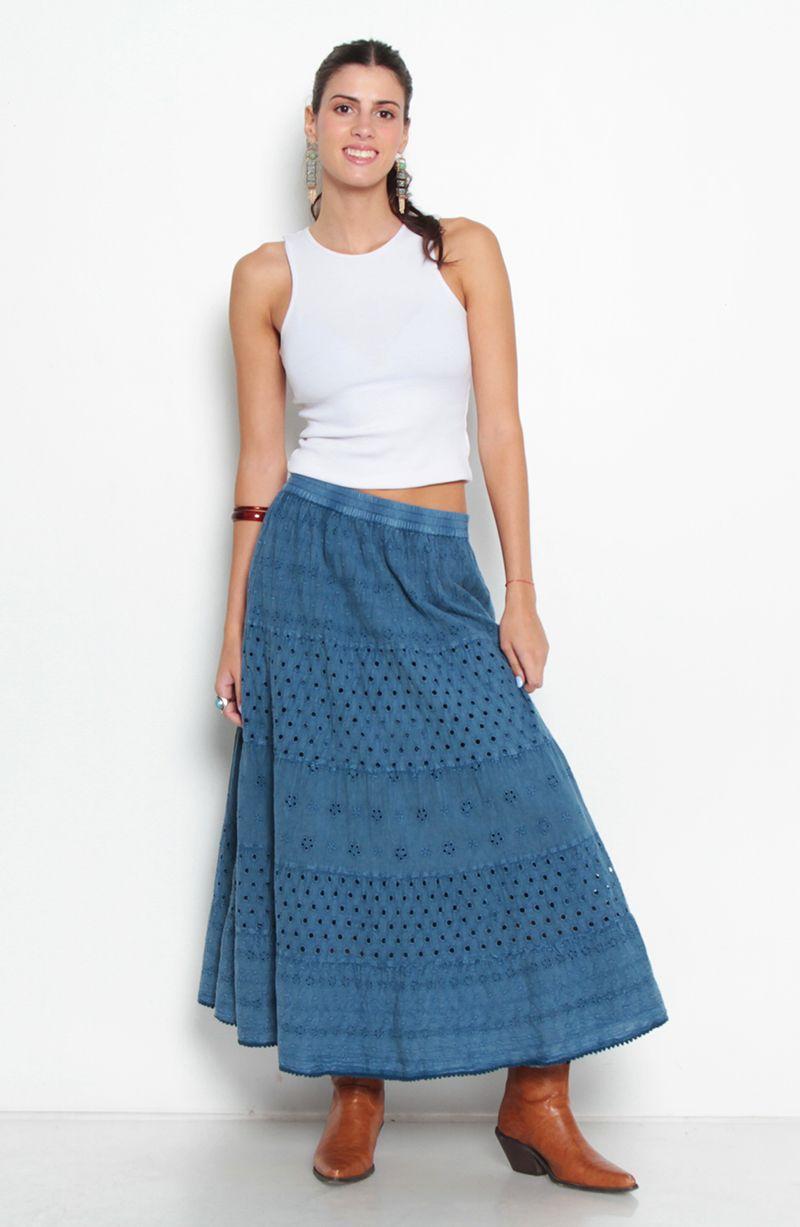 Falda Larga Brodery Con Corte Cintura Elasticada-5