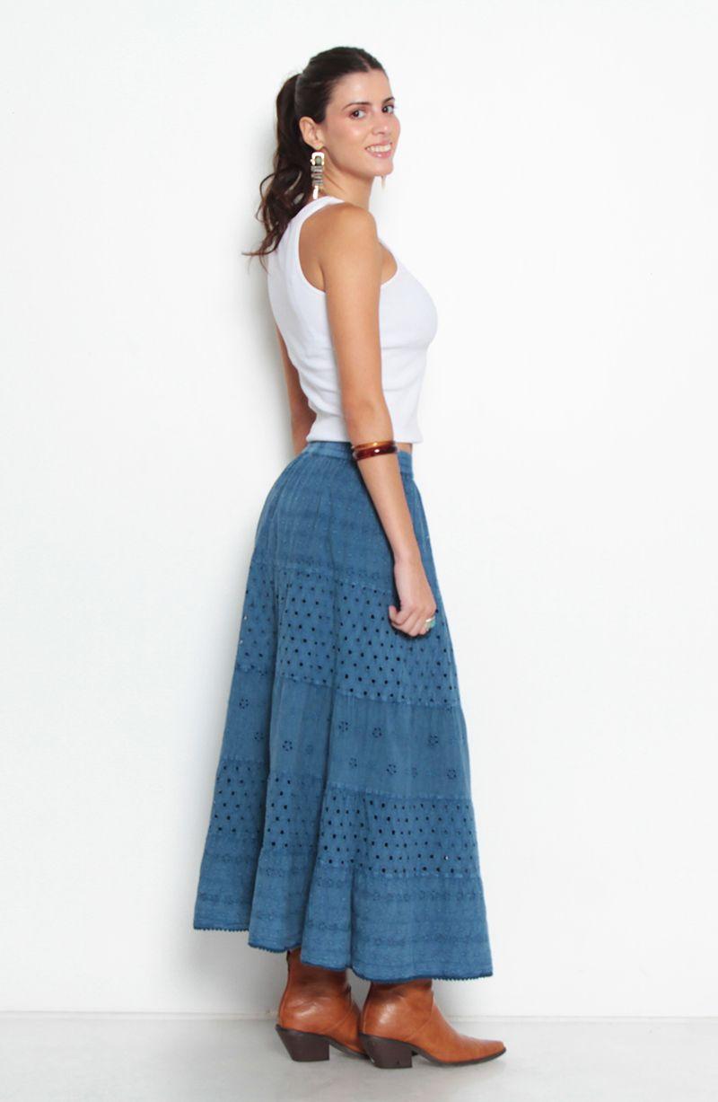 Falda Larga Brodery Con Corte Cintura Elasticada-7
