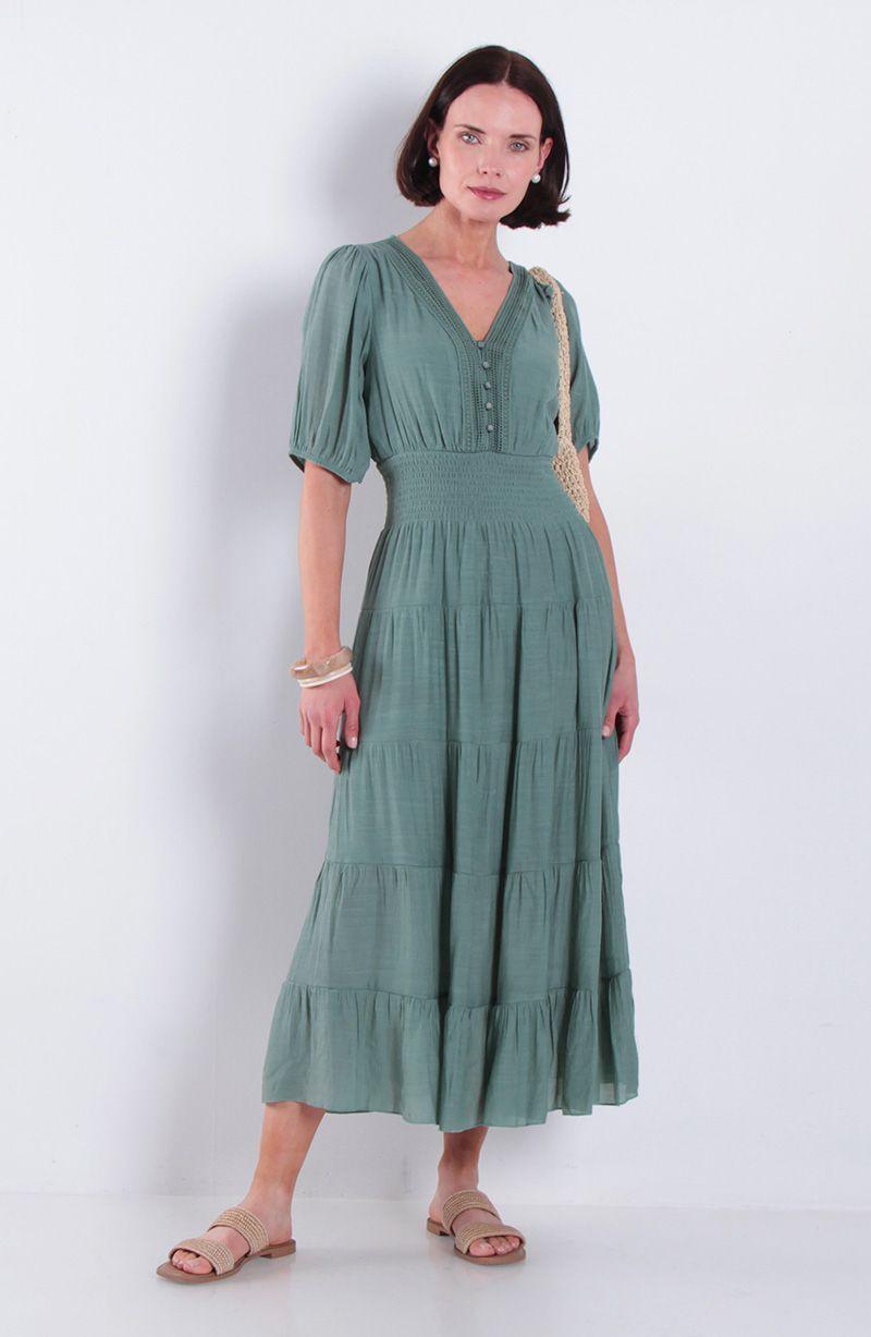 Vestido Manga 3/4 Solido Escote V Y Cintura Elasticada-0