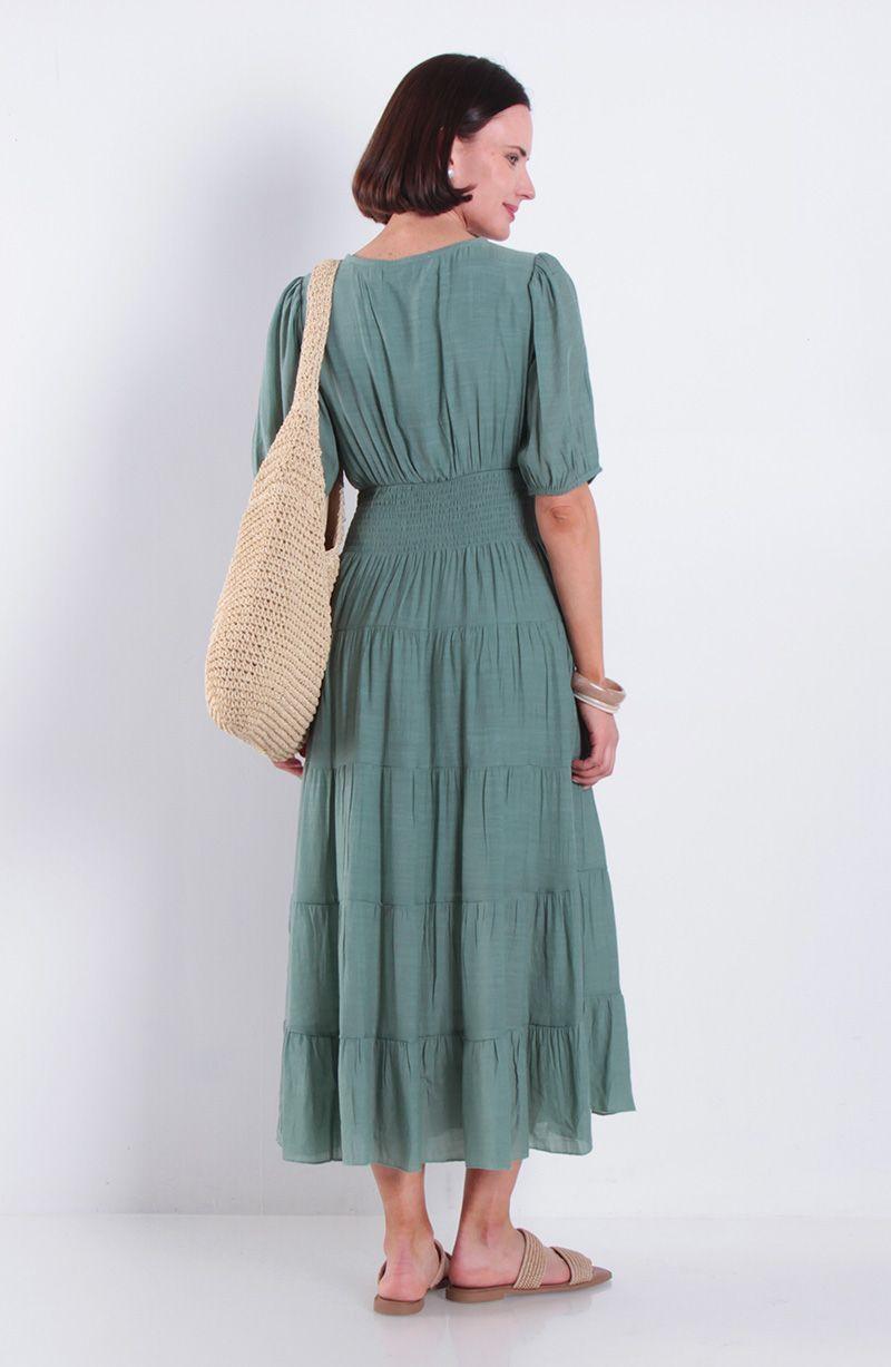 Vestido Manga 3/4 Solido Escote V Y Cintura Elasticada-5