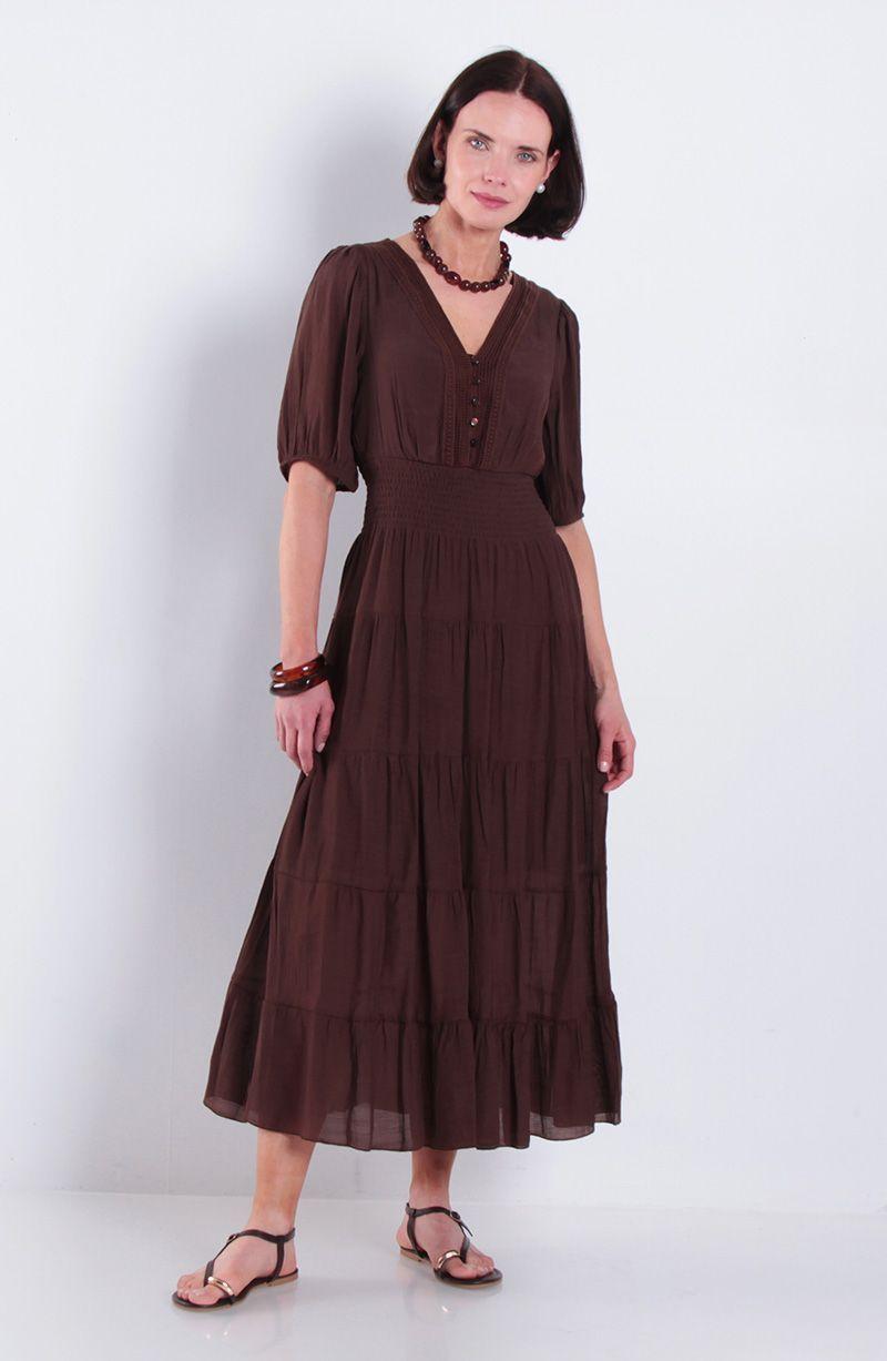 Vestido Manga 3/4 Solido Escote V Y Cintura Elasticada-0