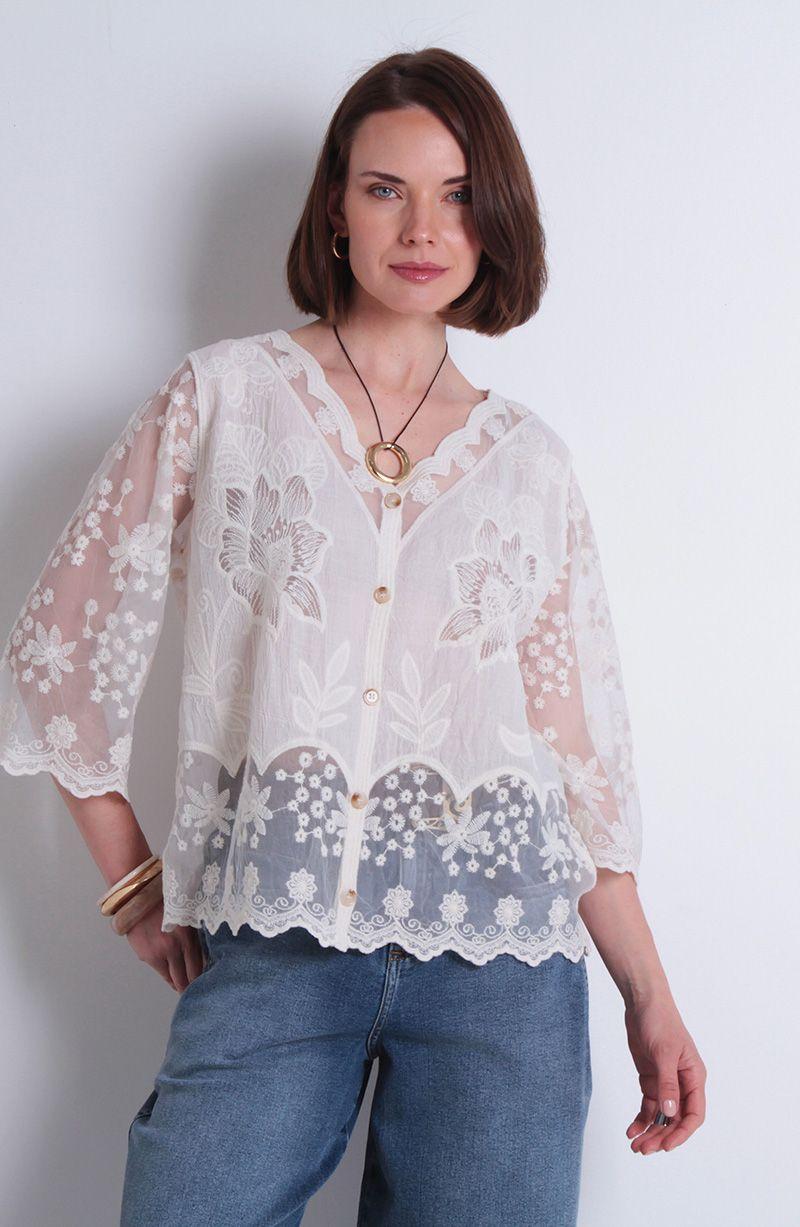Blusa Embroidery Manga Corta Abotonada En Delantero Escote V-0