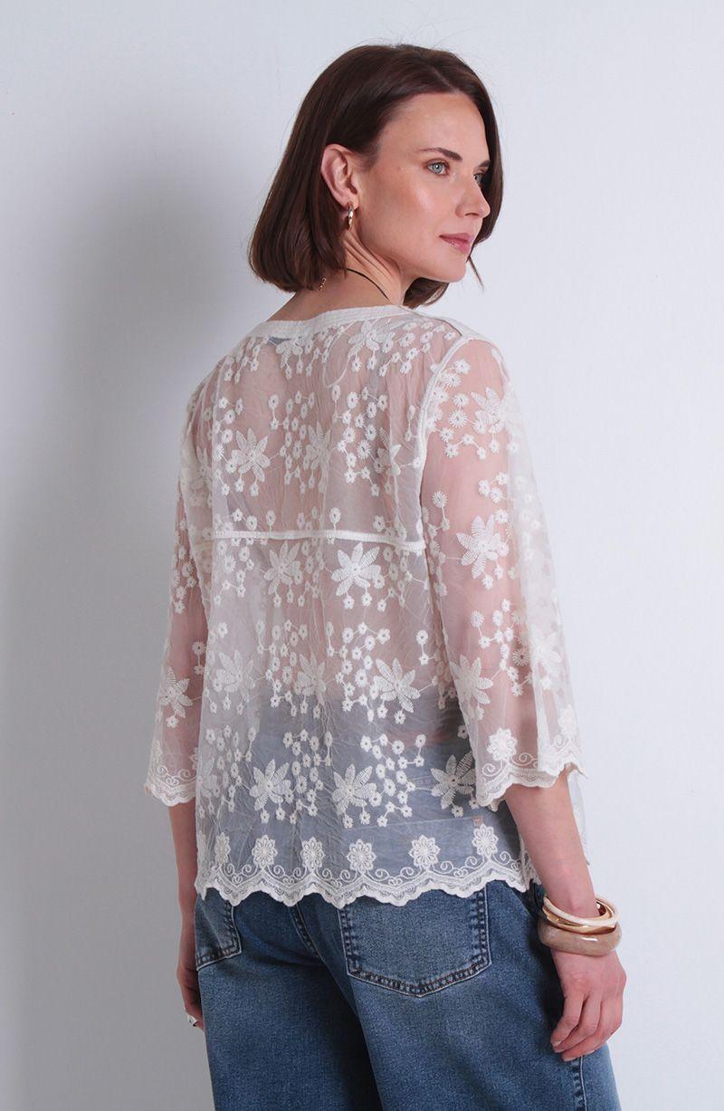 Blusa Embroidery Manga Corta Abotonada En Delantero Escote V-3