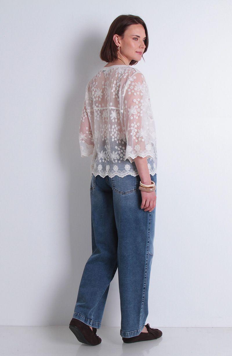 Blusa Embroidery Manga Corta Abotonada En Delantero Escote V-4