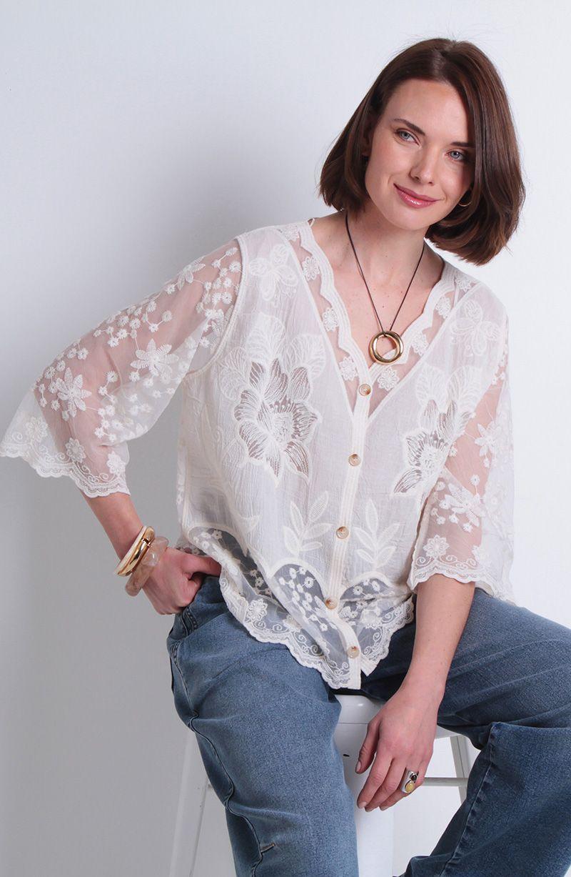 Blusa Embroidery Manga Corta Abotonada En Delantero Escote V-7