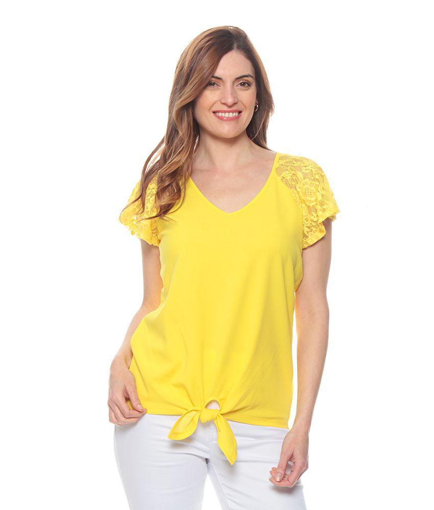 Polera Manga Corta Encaje Solida Escote V Anudada-0
