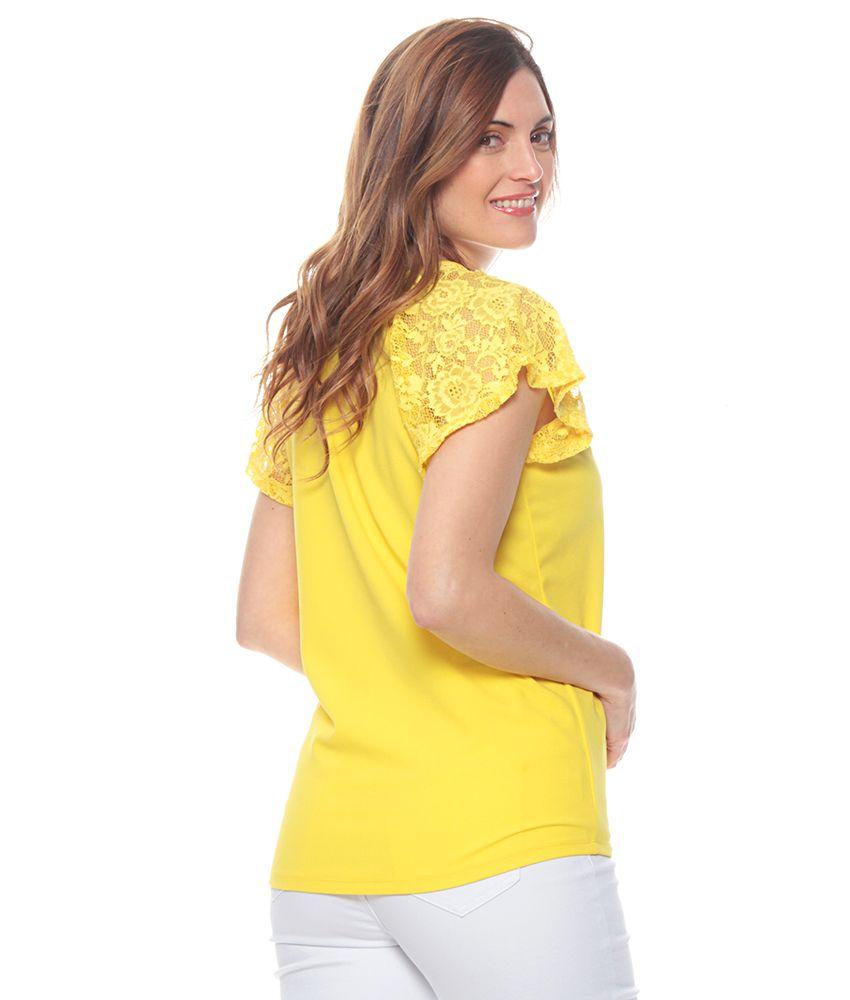 Polera Manga Corta Encaje Solida Escote V Anudada-5
