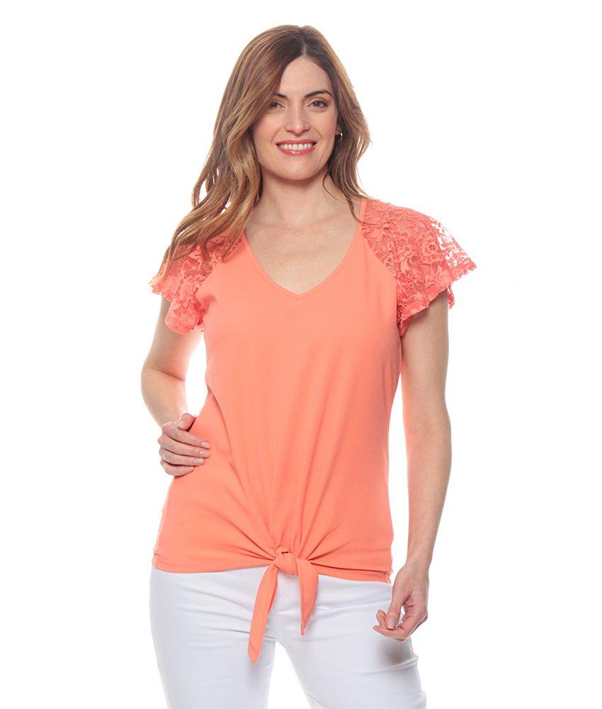 Polera Manga Corta Encaje Solida Escote V Anudada-0