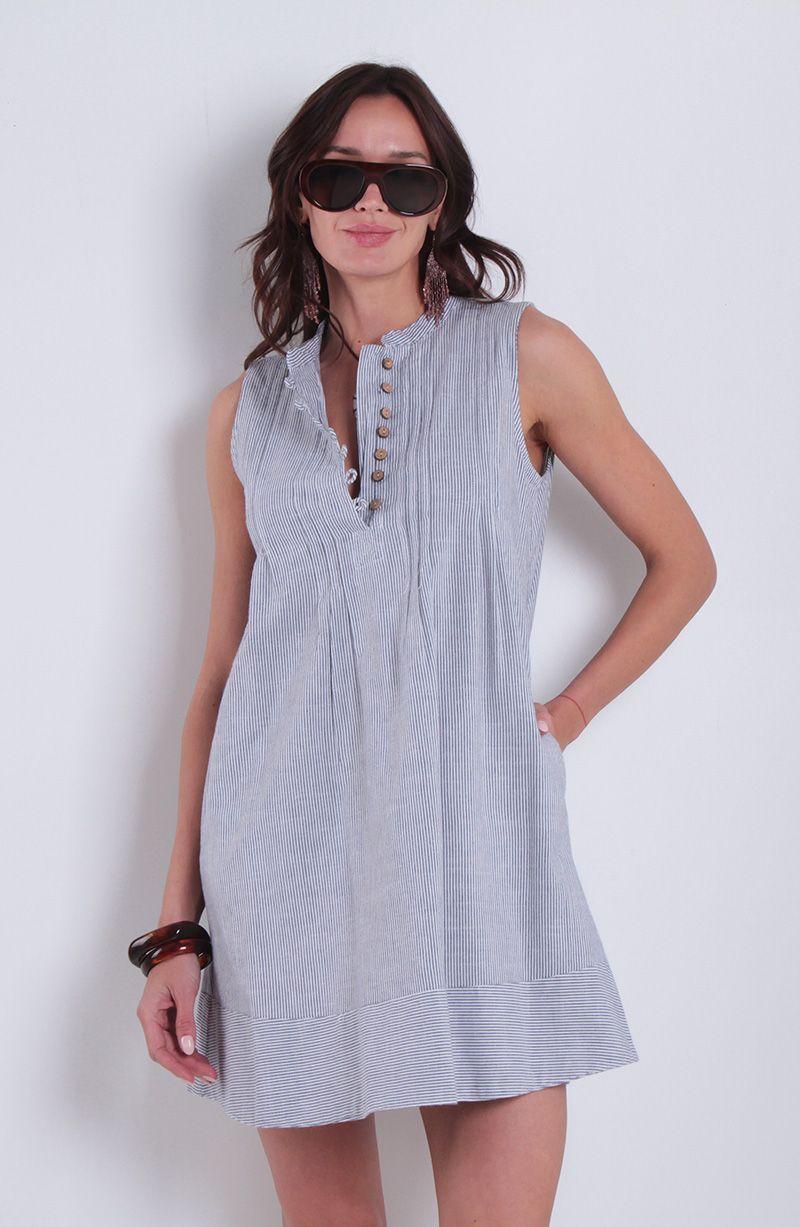 Vestido Sin Manga Abotonado En Delantero Escote Redondo-1
