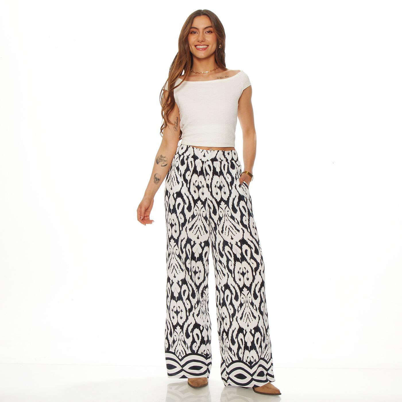 Pantalon Wide Leg Estampado Tiro Alto Pretina Elasticada-2