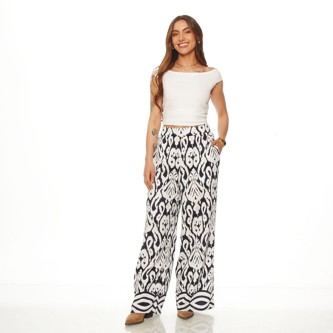 Pantalon Wide Leg Estampado Tiro Alto Pretina Elasticada-3