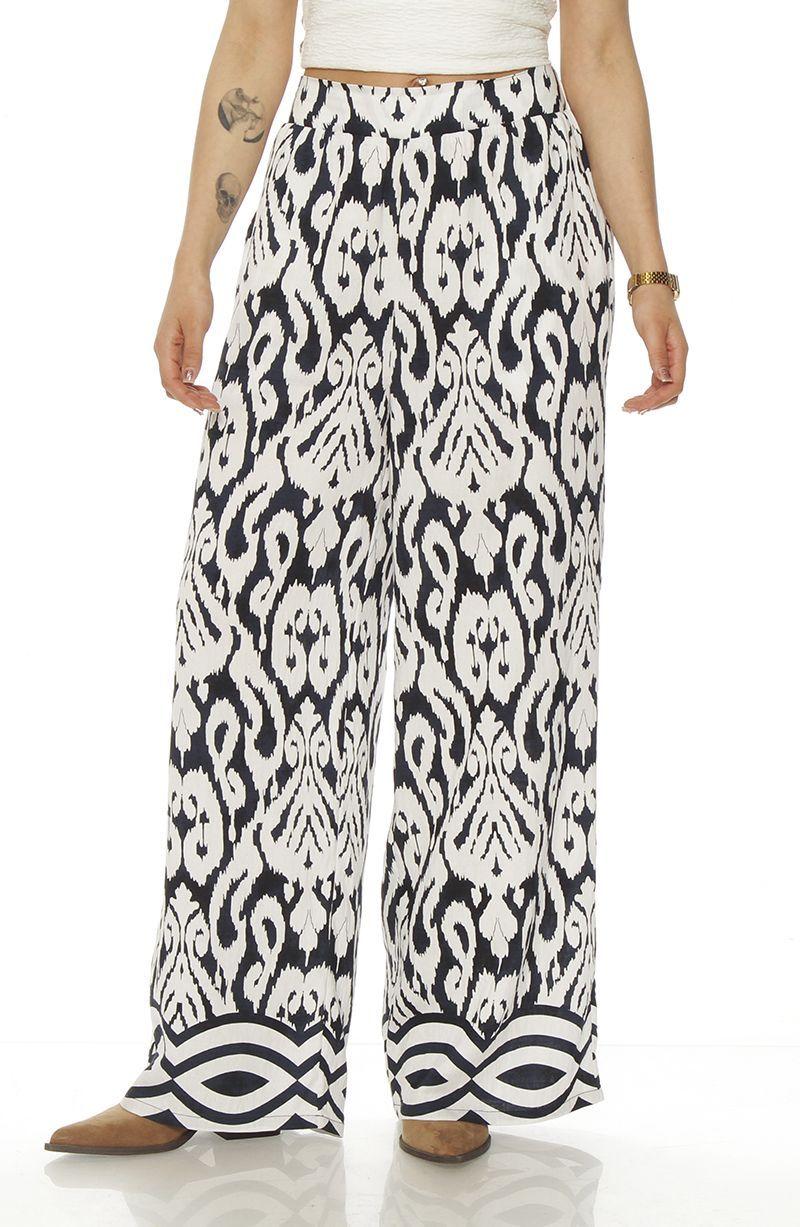 Pantalon Wide Leg Estampado Tiro Alto Pretina Elasticada-0