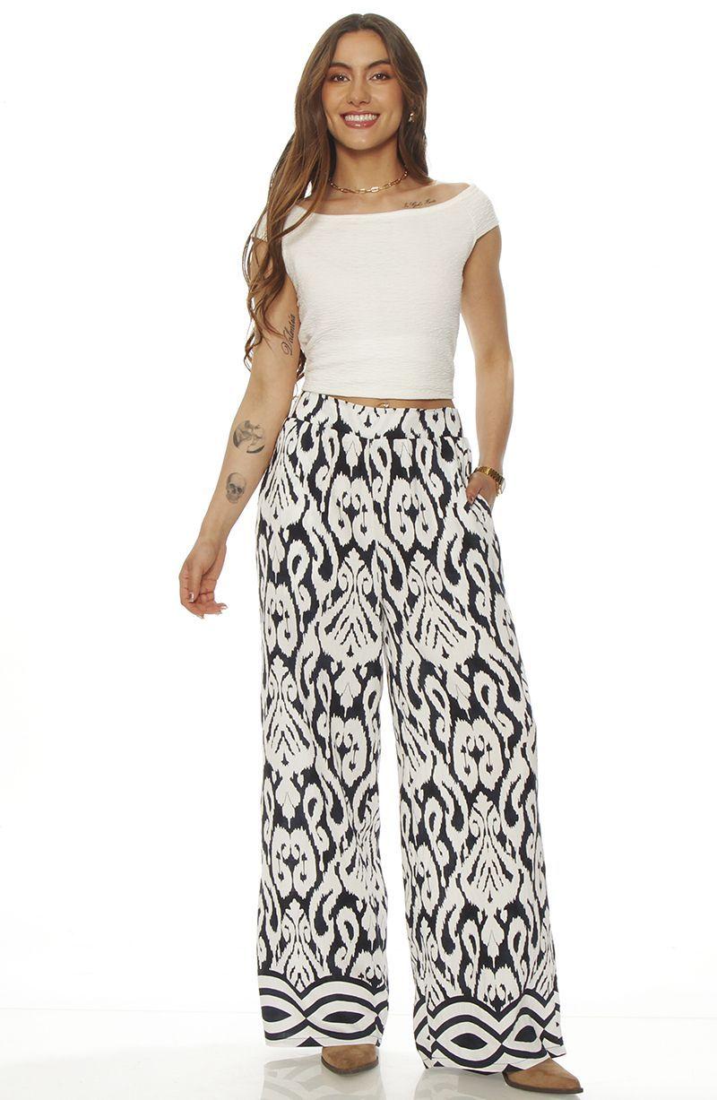 Pantalon Wide Leg Estampado Tiro Alto Pretina Elasticada-2